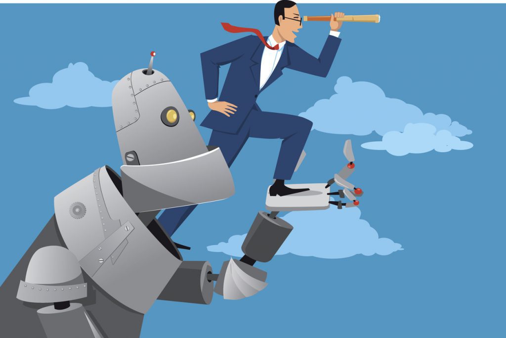 Giant robot holding a businessman with a telescope, helping him to look further ahead, RPA Robotic process automation concept