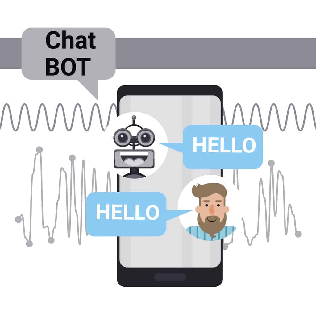 Man Chatting With Chat Bot On Cell Smart Phone, Robot Virtual Assistance Element Of Website Or Mobile Applications Vector Illustration