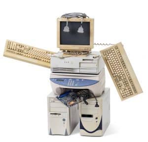 stack of old computer equipment transformed into a robot